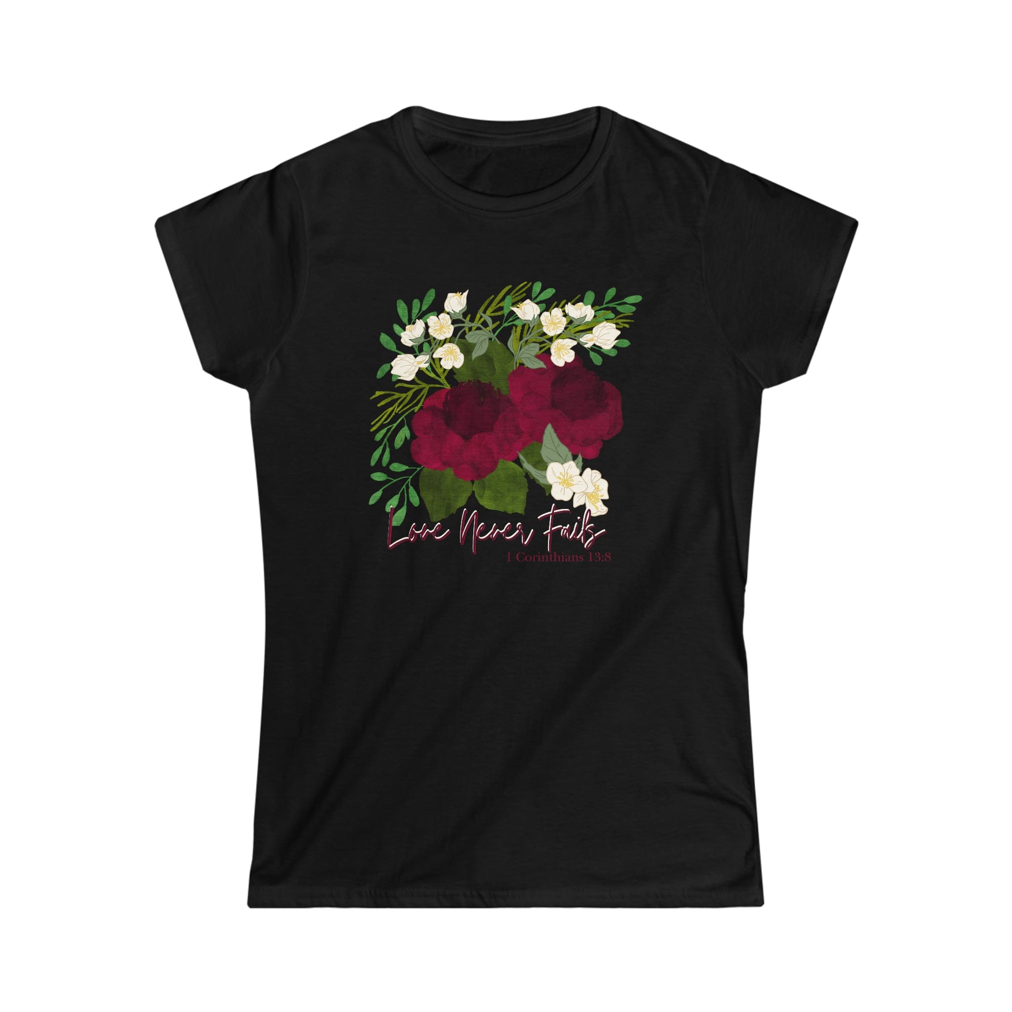 Printify T-Shirt Black / S Love Never Fails - Women's Softstyle Tee