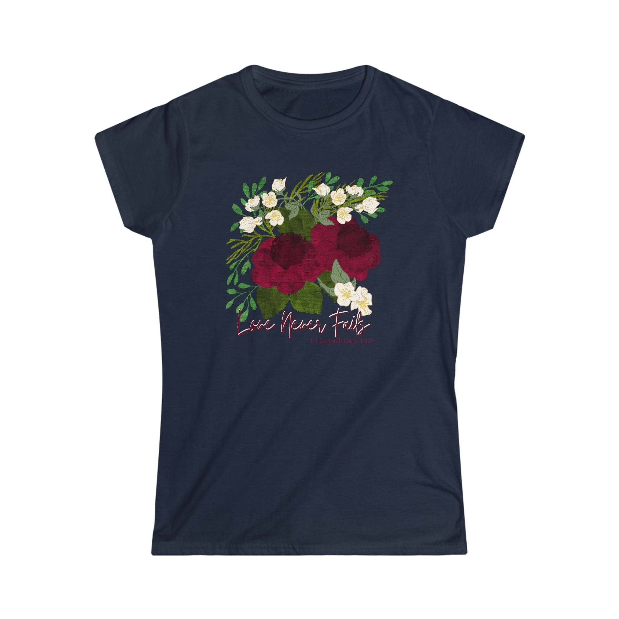 Printify T-Shirt Navy / S Love Never Fails - Women's Softstyle Tee