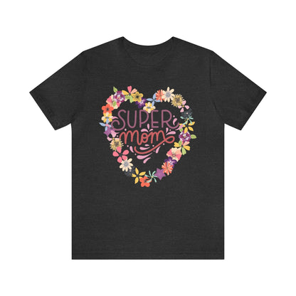 Printify T-Shirt Dark Grey Heather / S Super Mom Heart - Jersey Short Sleeve Tee