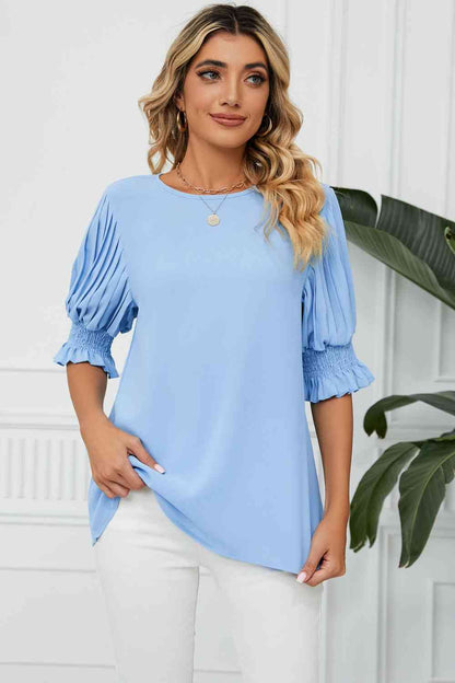 Pleated Flounce Sleeve Keyhole Blouse