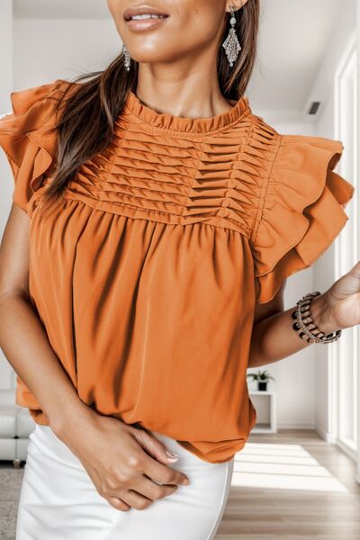 Ruched Ruffled Cap Sleeve Blouse