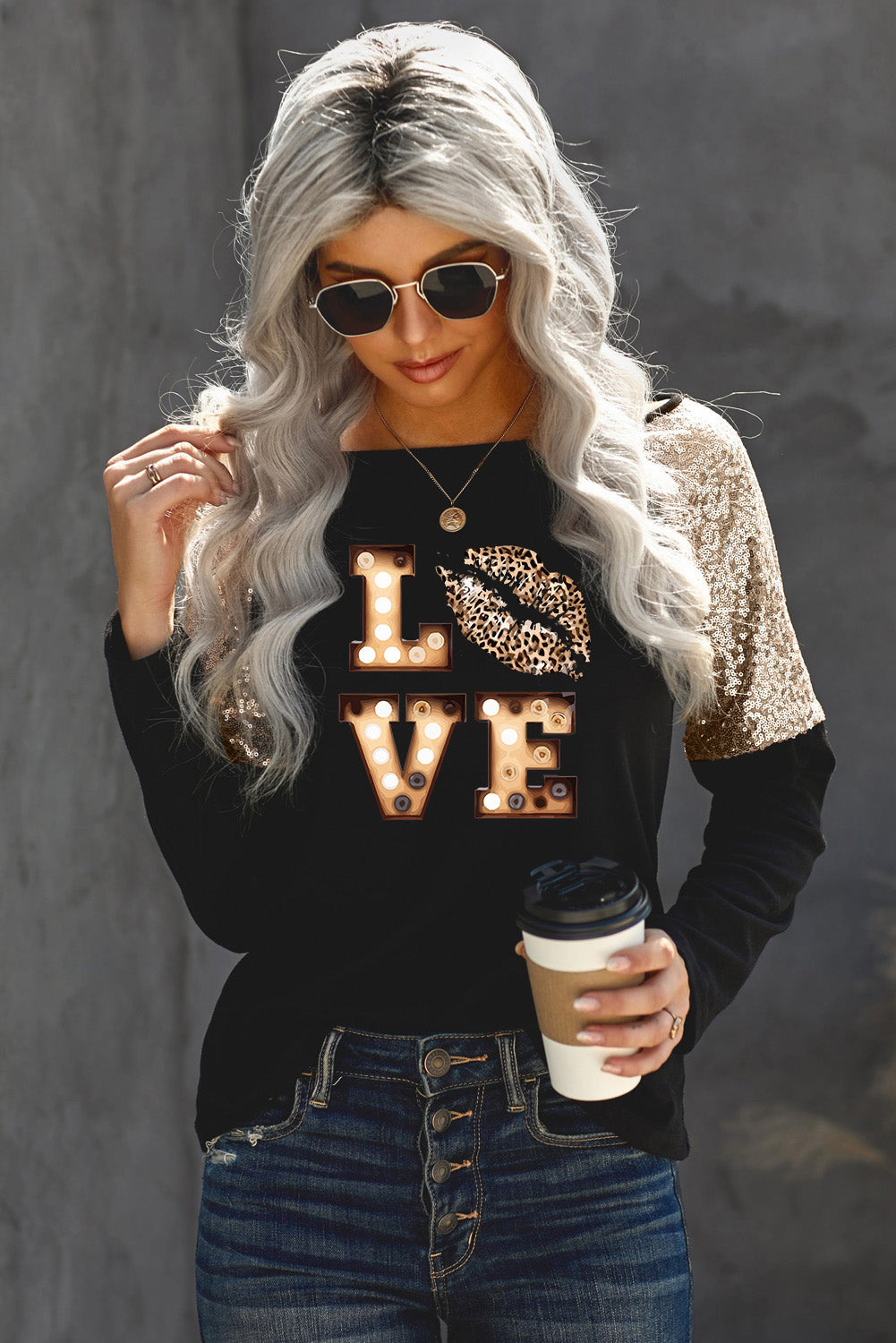 LOVE Graphic Sequin Long Sleeve T-Shirt - Spruced Roost