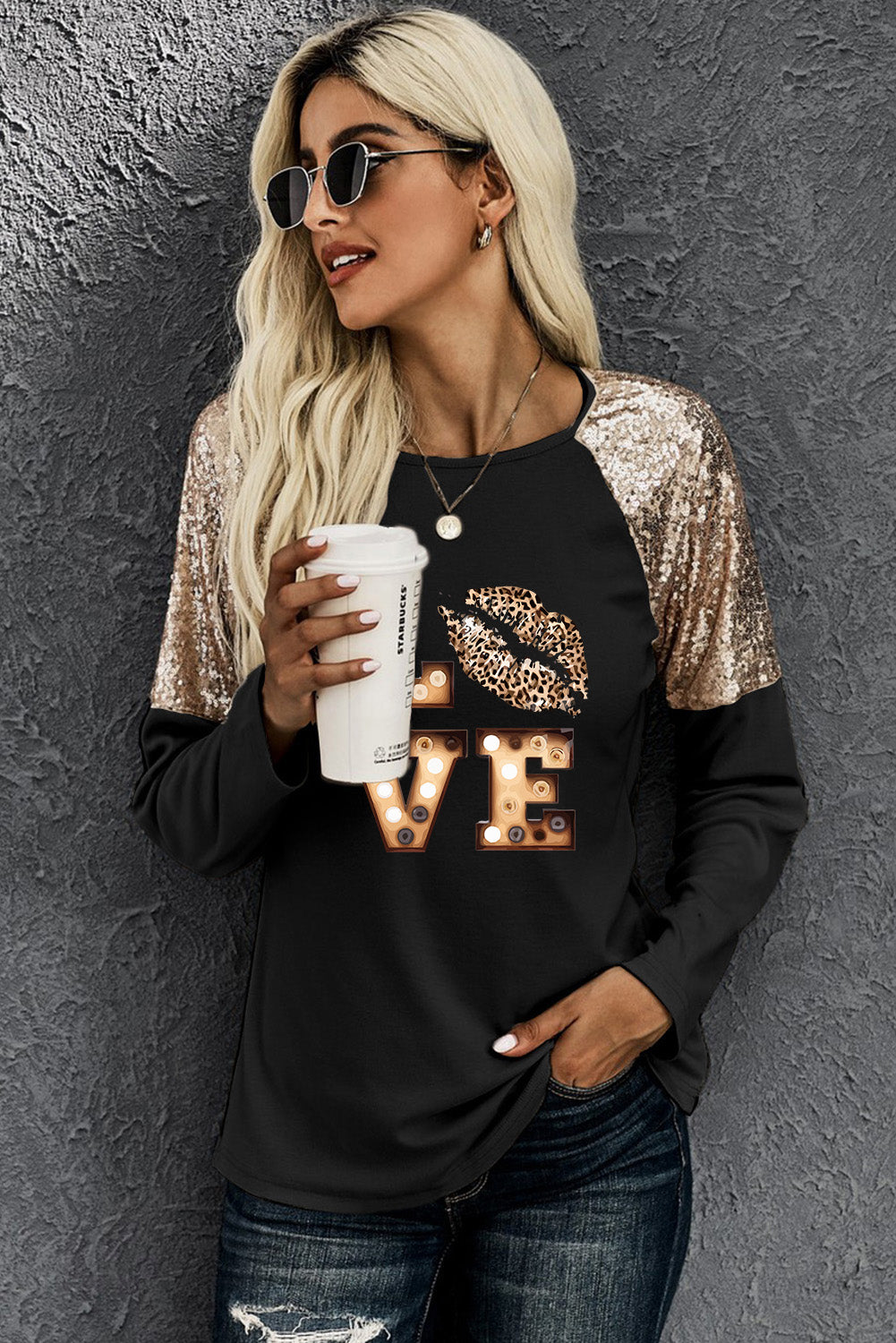 LOVE Graphic Sequin Long Sleeve T-Shirt - Spruced Roost