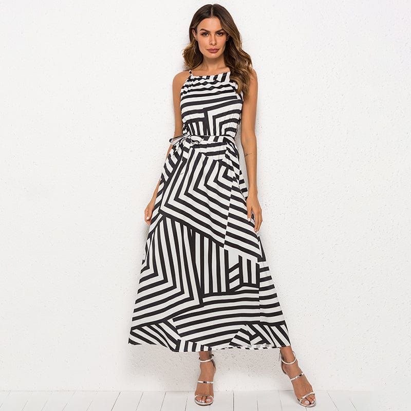Spruced Roost S Asymmetrical Striped Black and White Sundress - S-XL
