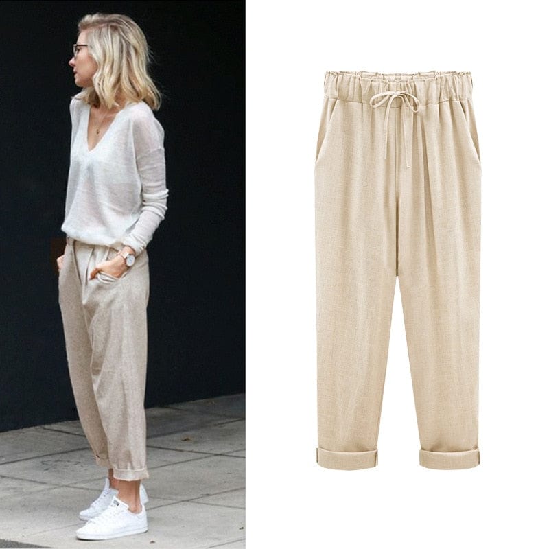 A Aslea Rovie Officiall Store Bottoms Athens Linen Cotton Elastic Trouser - M-6XL - 5 Colors