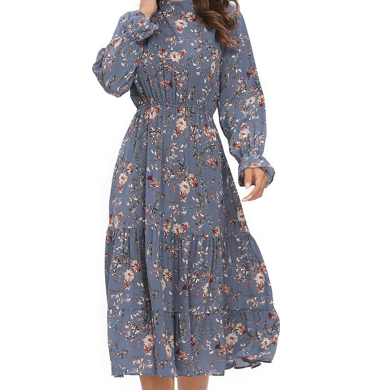 Vangull Official Store Dresses Winter Blue Floral Chiffon - S-3XL
