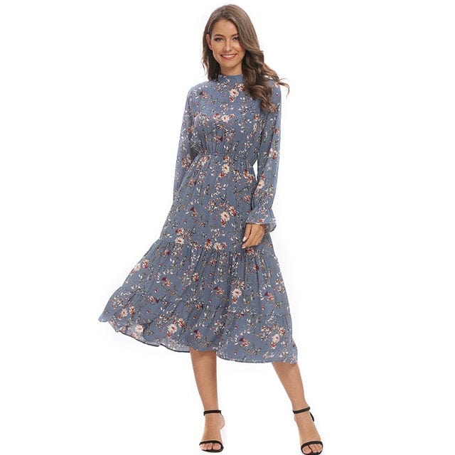 Vangull Official Store Dresses As picture / L Winter Blue Floral Chiffon - S-3XL