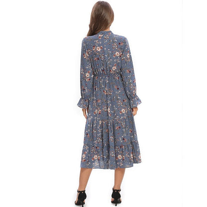 Vangull Official Store Dresses Winter Blue Floral Chiffon - S-3XL