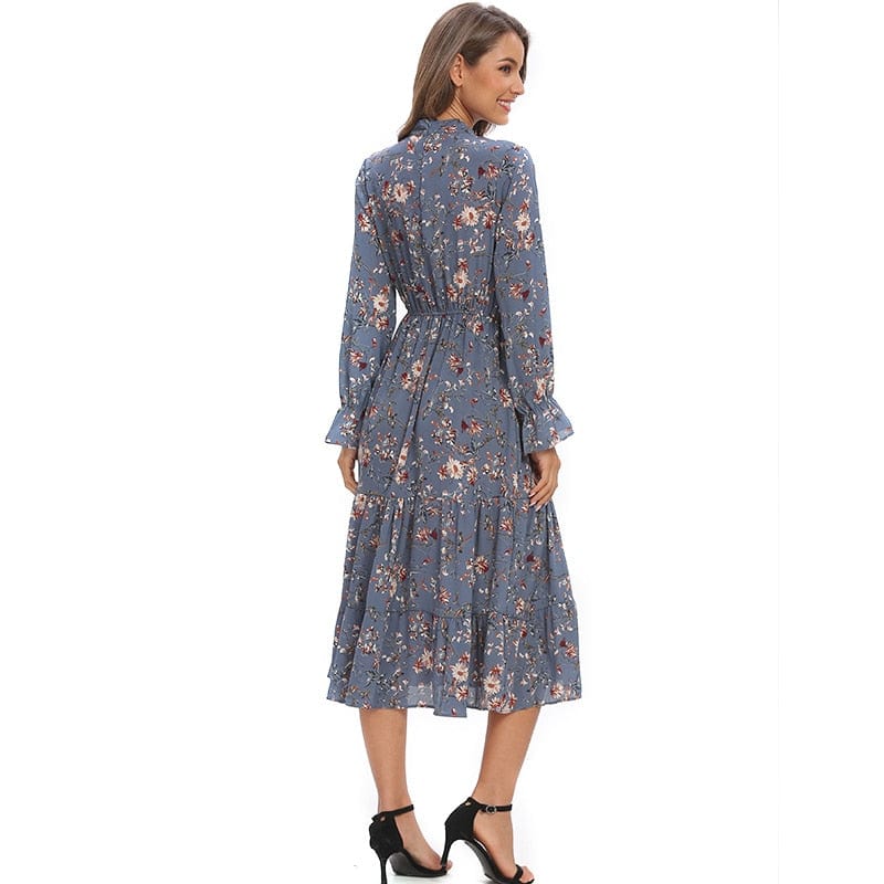 Vangull Official Store Dresses Winter Blue Floral Chiffon - S-3XL