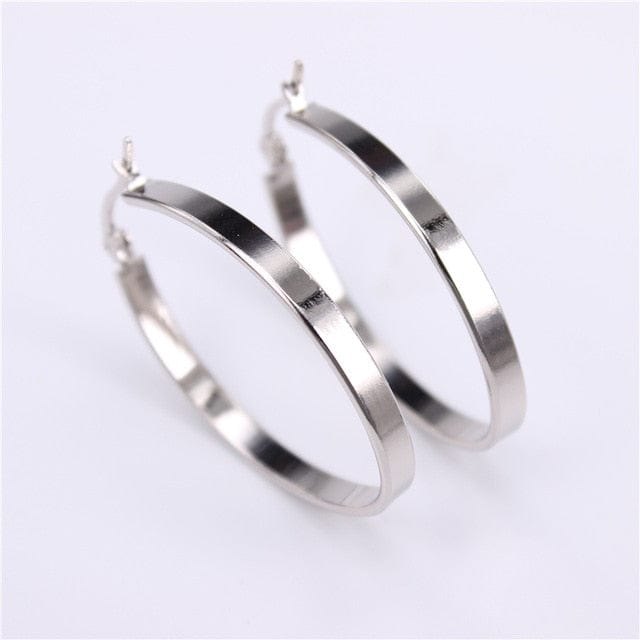 Spruced Roost Earrings silver color 40mm Flat Oval Smooth Hoop Earrings - 2 Colors - 3 Sizes
