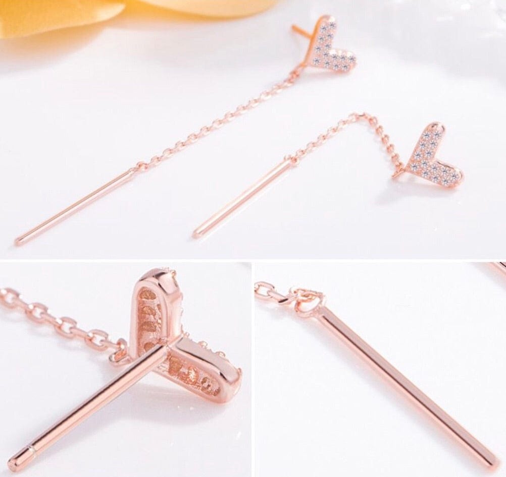 Spruced Roost Earrings Heart-shaped Liquid long Earrings - Rhodium or Rose Gold Filled