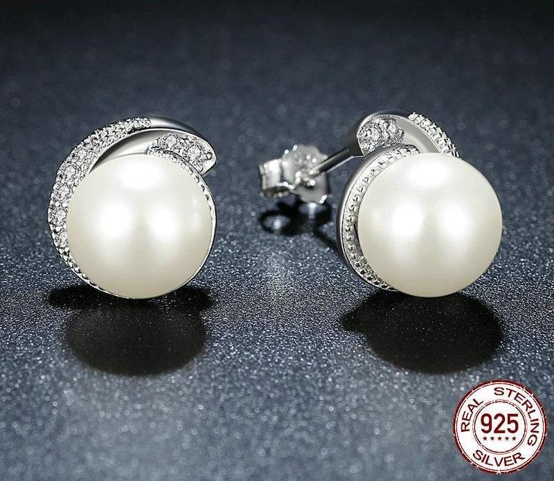 Spruced Roost Earrings Pearl in Sterling Silver with pave Cubic Zirconia Earrings