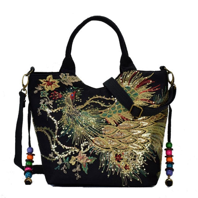 Spruced Roost Handbag Black Shimmer Phoenix Peacock Embroidered Canvas Handbag 3 Colors