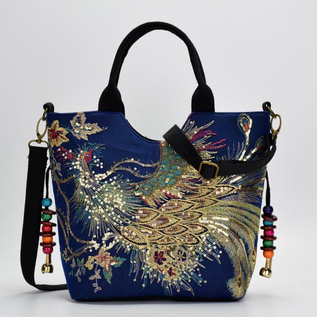 Spruced Roost Handbag Blue Shimmer Phoenix Peacock Embroidered Canvas Handbag 3 Colors