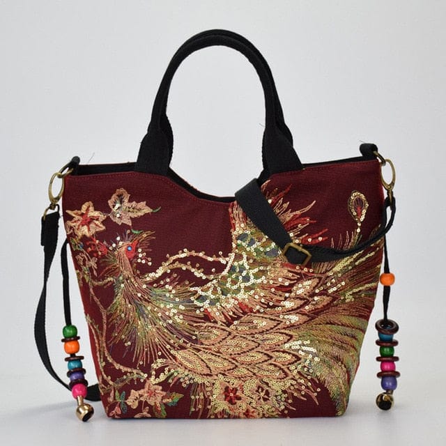 Spruced Roost Handbag Red Shimmer Phoenix Peacock Embroidered Canvas Handbag 3 Colors