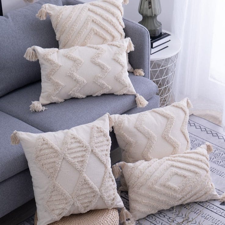 Spruced Roost Home Decor Tassels Beige Pillow Cover  - 2 Sizes - 5 Styles