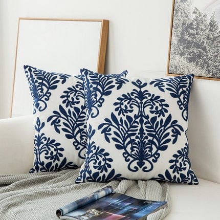 Spruced Roost Home & Garden D Blue and White Embroidered Canvas Pillow Covers - 4 Styles - 1 Size