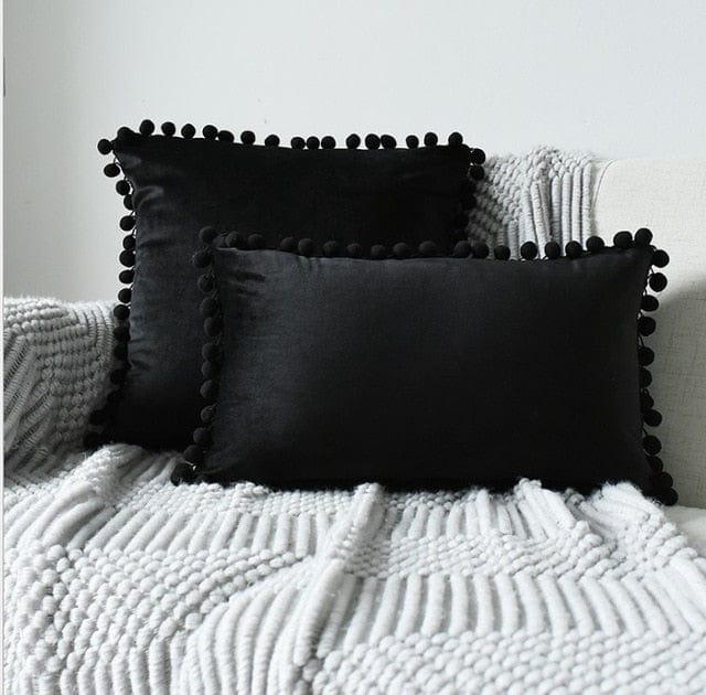 Spruced Roost Home & Garden 1 piece 30x50cm / black Velvet Pompom Chambre Pillow - 3 Sizes - 17 Colors