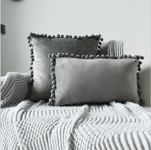 Spruced Roost Home & Garden 1 piece 30x50cm / grey Velvet Pompom Chambre Pillow - 3 Sizes - 17 Colors