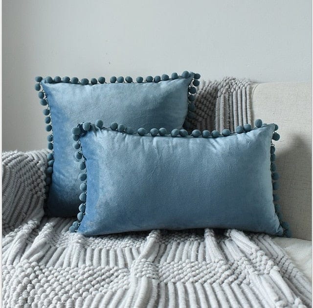 Spruced Roost Home & Garden 1 piece 30x50cm / blue Velvet Pompom Chambre Pillow - 3 Sizes - 17 Colors