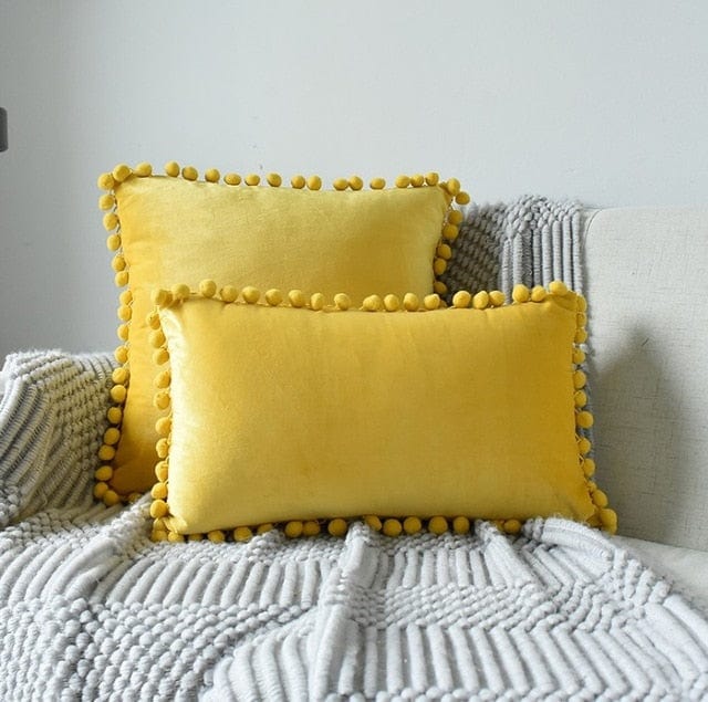 Spruced Roost Home & Garden 1 piece 30x50cm / yelow Velvet Pompom Chambre Pillow - 3 Sizes - 17 Colors