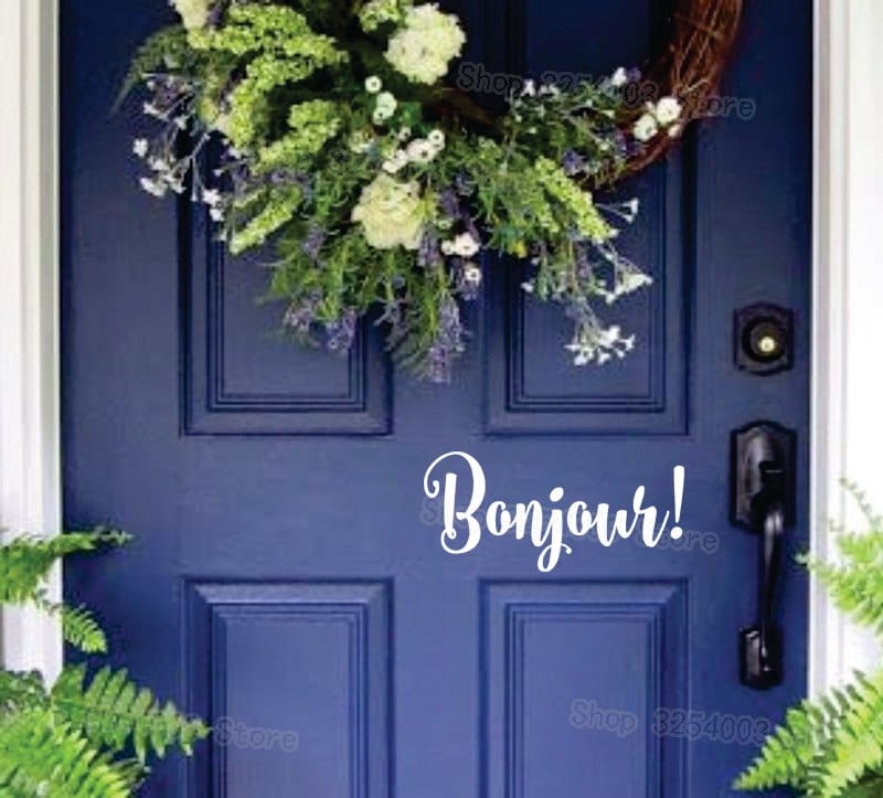 Spruced Roost Home & Garden White / Bonjour Vinyl Wall Door Sticker Front Door Greeting
