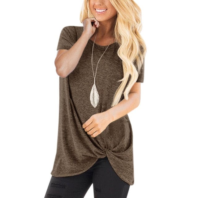Spruced Roost Hoodie Coffee / M Round Neck Front Knotted T Shirt - S-3XL - 12 Colors