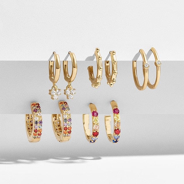 Onekiss Official Store Jewelery Multicolor CZ Geometric Hoop Huggie Earrings Set - 5 Pairs