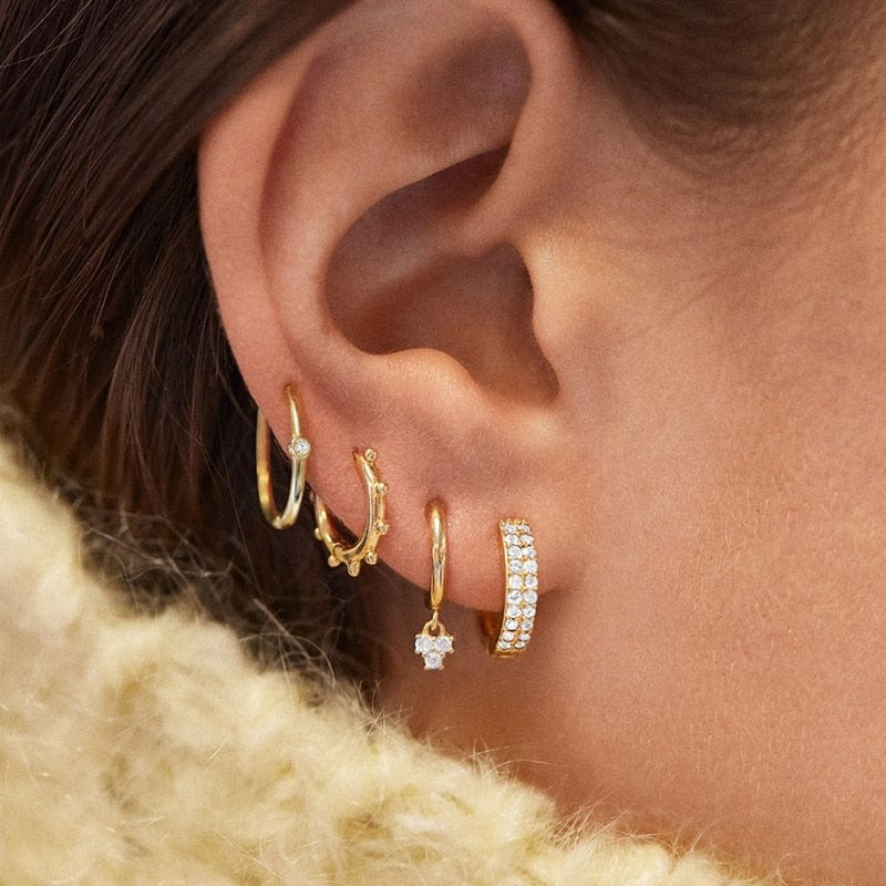 Onekiss Official Store Jewelery CZ Geometric Hoop Huggie Earrings Set - 5 Pairs
