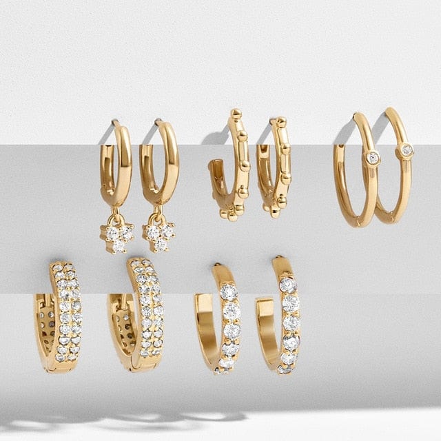 Onekiss Official Store Jewelery White CZ Geometric Hoop Huggie Earrings Set - 5 Pairs