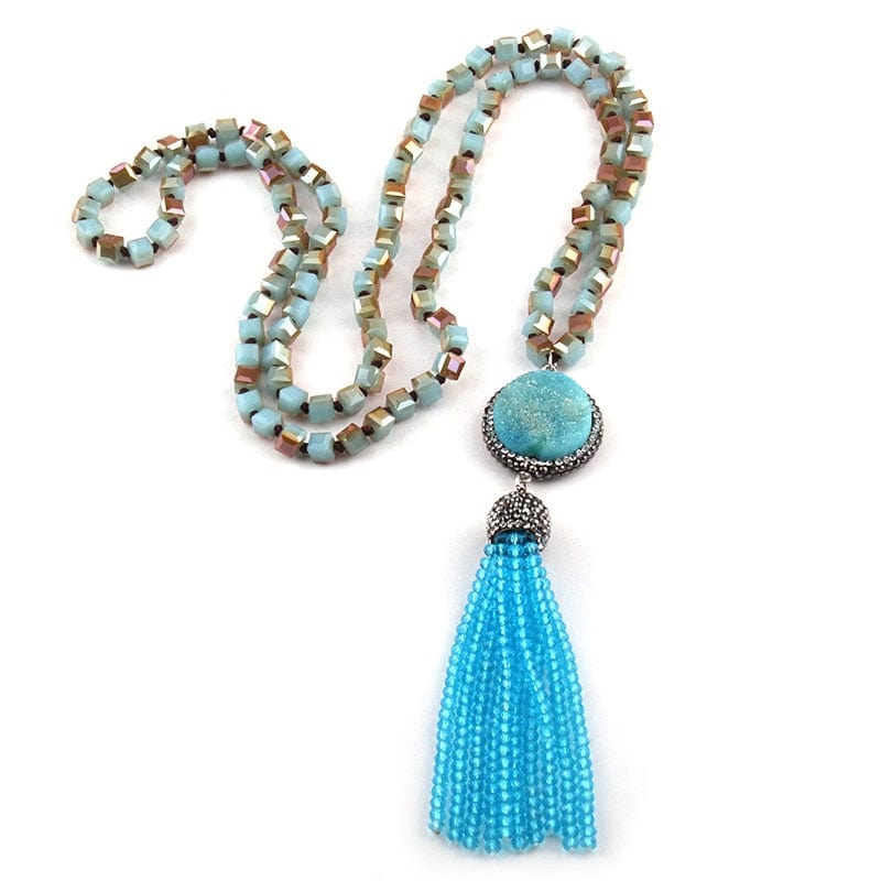 Spruced Roost Jewelry light blue tassel / 86-90CM Artisan knotted Glass Pendant & Beads - 3 Color/Styles