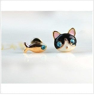 Spruced Roost Jewelry Cat and Fish Asymmetrical Earrings