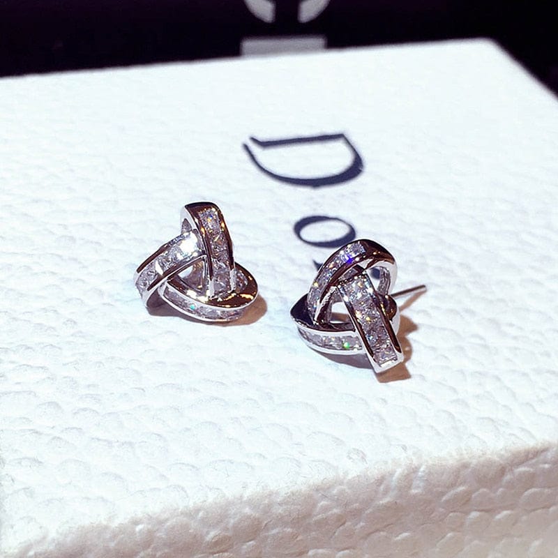 JUWANG Official Store Jewelry Elegant Twist CZ Buckle Stud Earrings