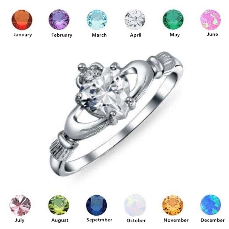 Spruced Roost Jewelry Silver Plated Irish Claddagh Love & Friendship Heart Ring Sz: 6-10 - Birthstone Colors