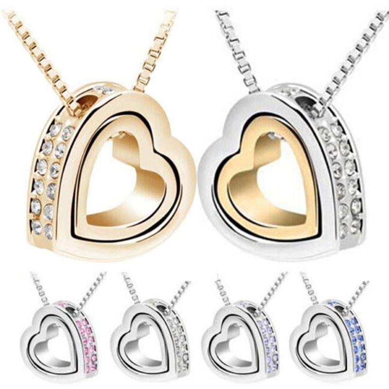 Spruced Roost Necklaces Double Heart Crystal Rhinestone Love Necklace - 6 Colors
