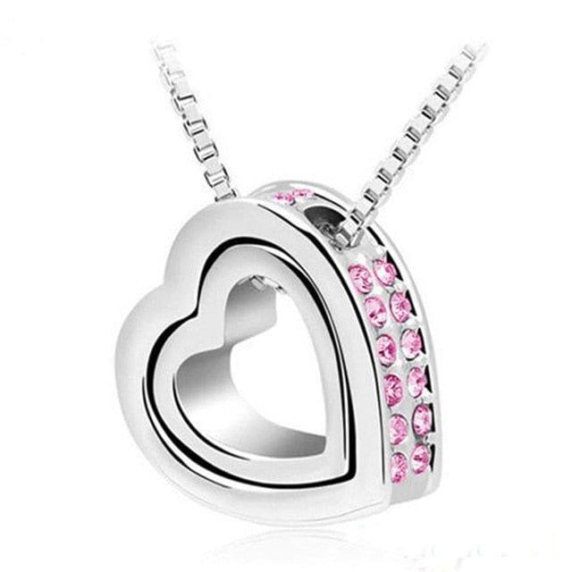 Spruced Roost Necklaces Silver.Pink Double Heart Crystal Rhinestone Love Necklace - 6 Colors