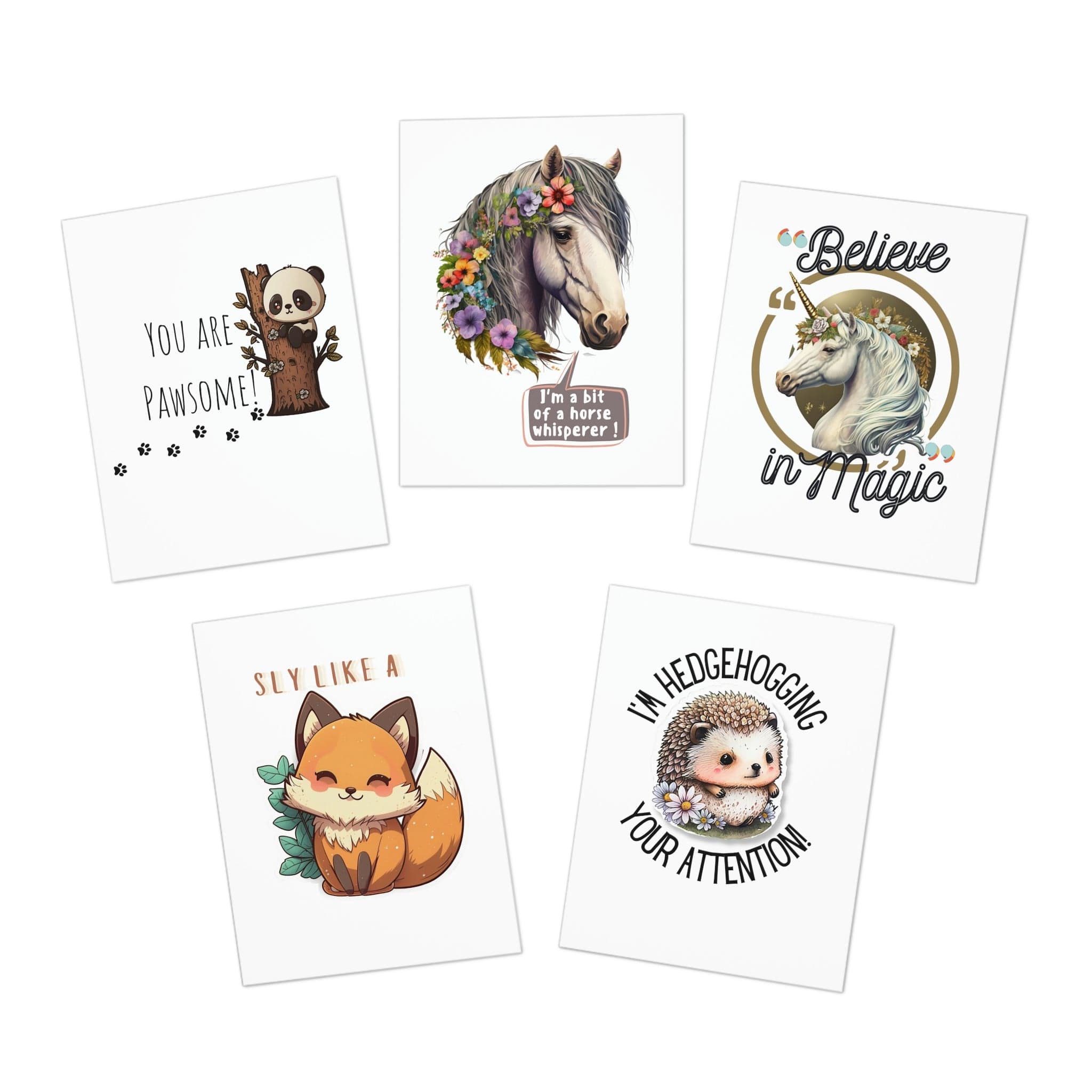 Printify Paper products 4.25" x 5.5" (Vertical) / Uncoated Animal Cute Multi-Design Greeting Cards (5-Pack) (Blank Inside)