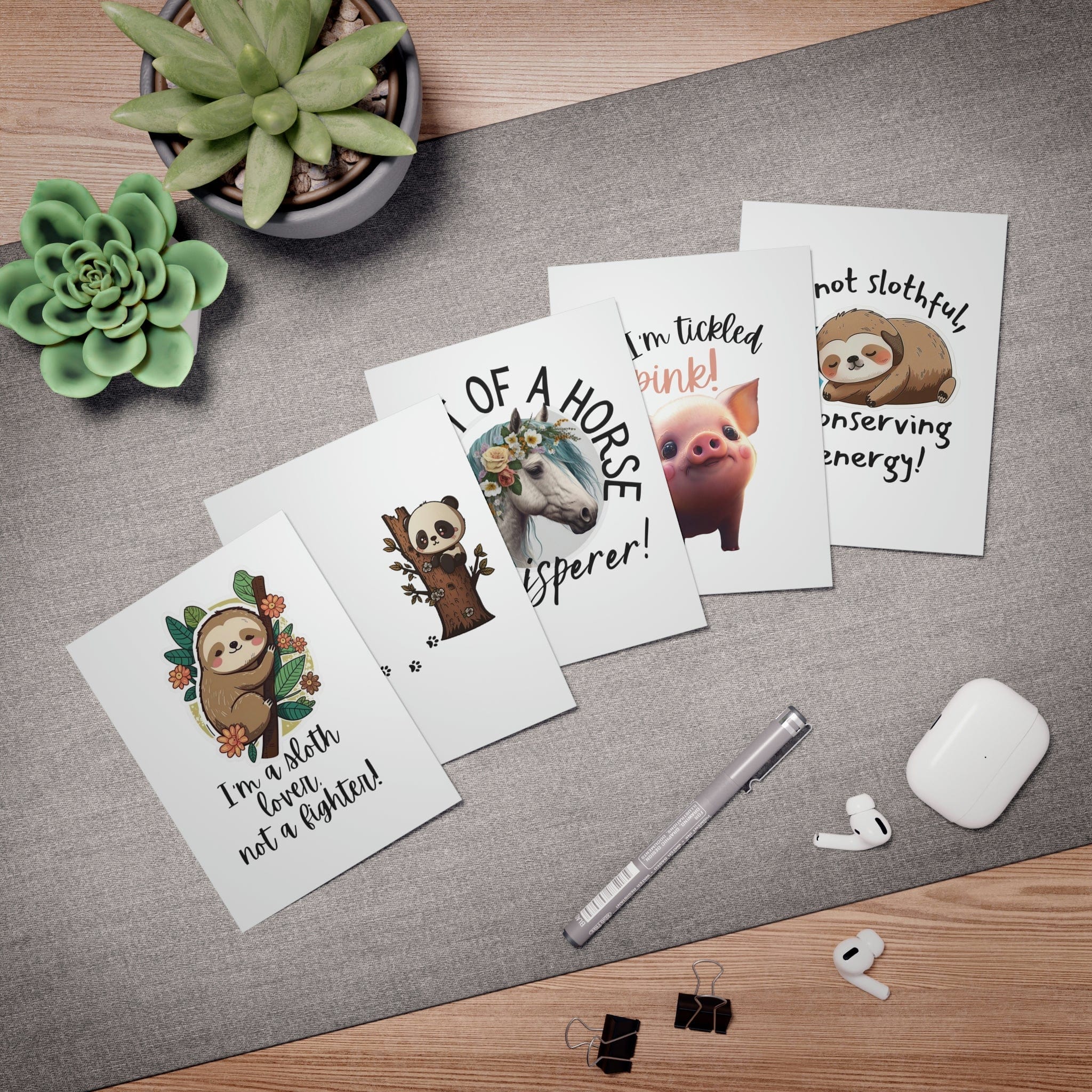 Printify Paper products 4.25" x 5.5" (Vertical) / Uncoated Animal Love Multi-Design Greeting Cards (5-Pack) (Blank Inside)