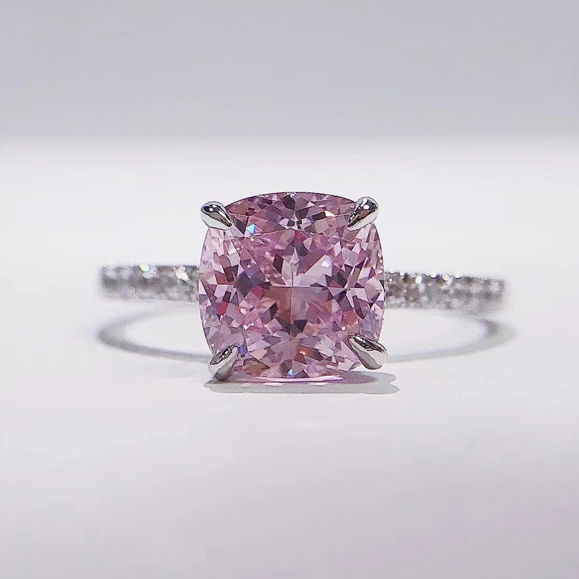 Spruced Roost Pink Candy  14K Vermeil Silver ring cushion cut pink moissanite D color VVS2