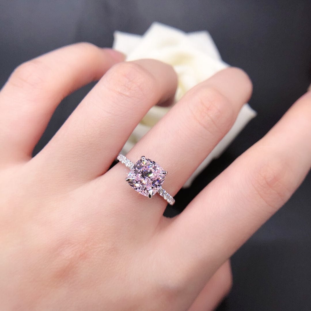 Spruced Roost 6.75 / 2.5 ct Main Stone Pink/Yellow Moissanite Pink Candy  14K Vermeil Silver ring cushion cut pink moissanite D color VVS2