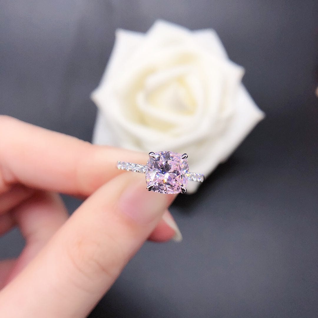 Spruced Roost Pink Candy  14K Vermeil Silver ring cushion cut pink moissanite D color VVS2