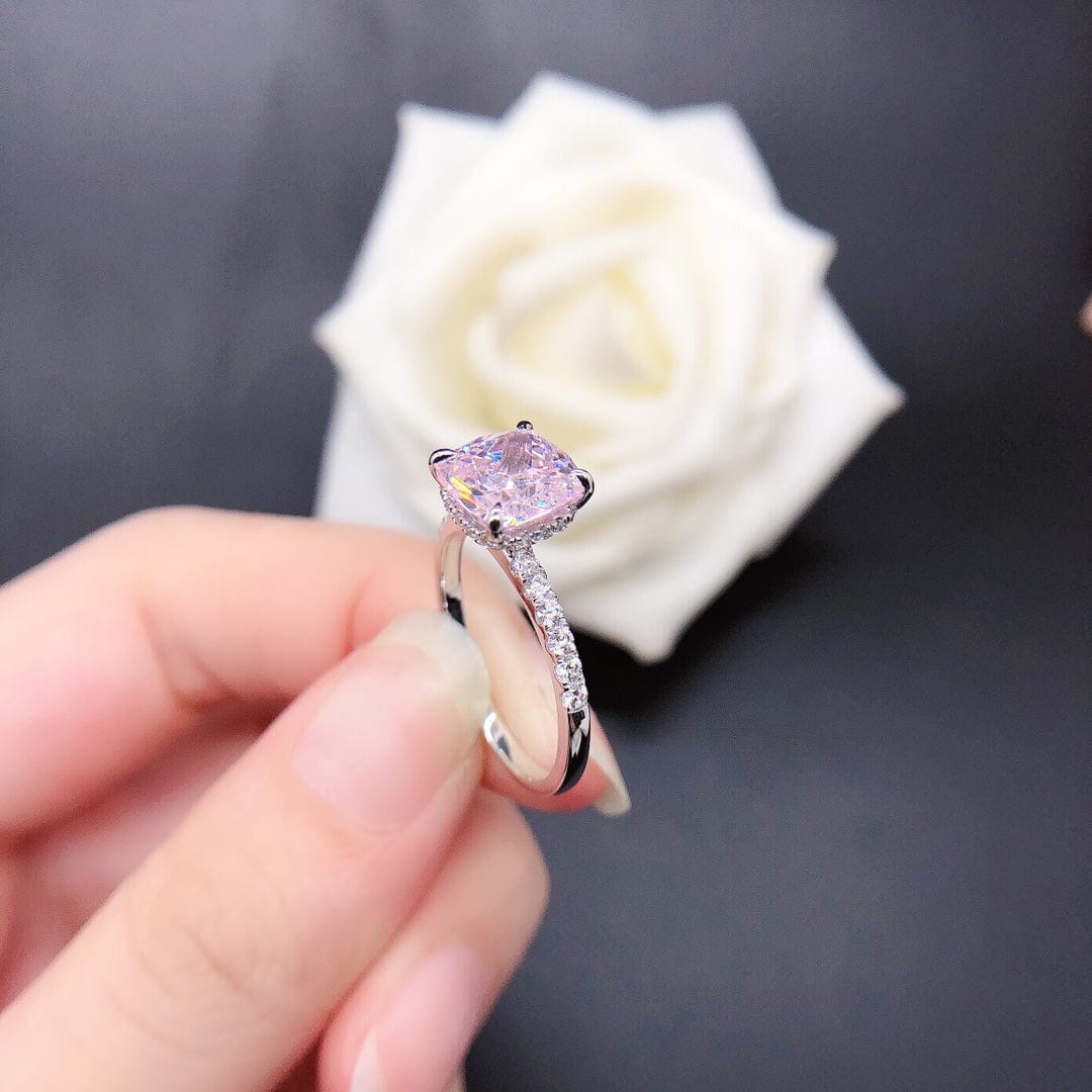 Spruced Roost Pink Candy  14K Vermeil Silver ring cushion cut pink moissanite D color VVS2