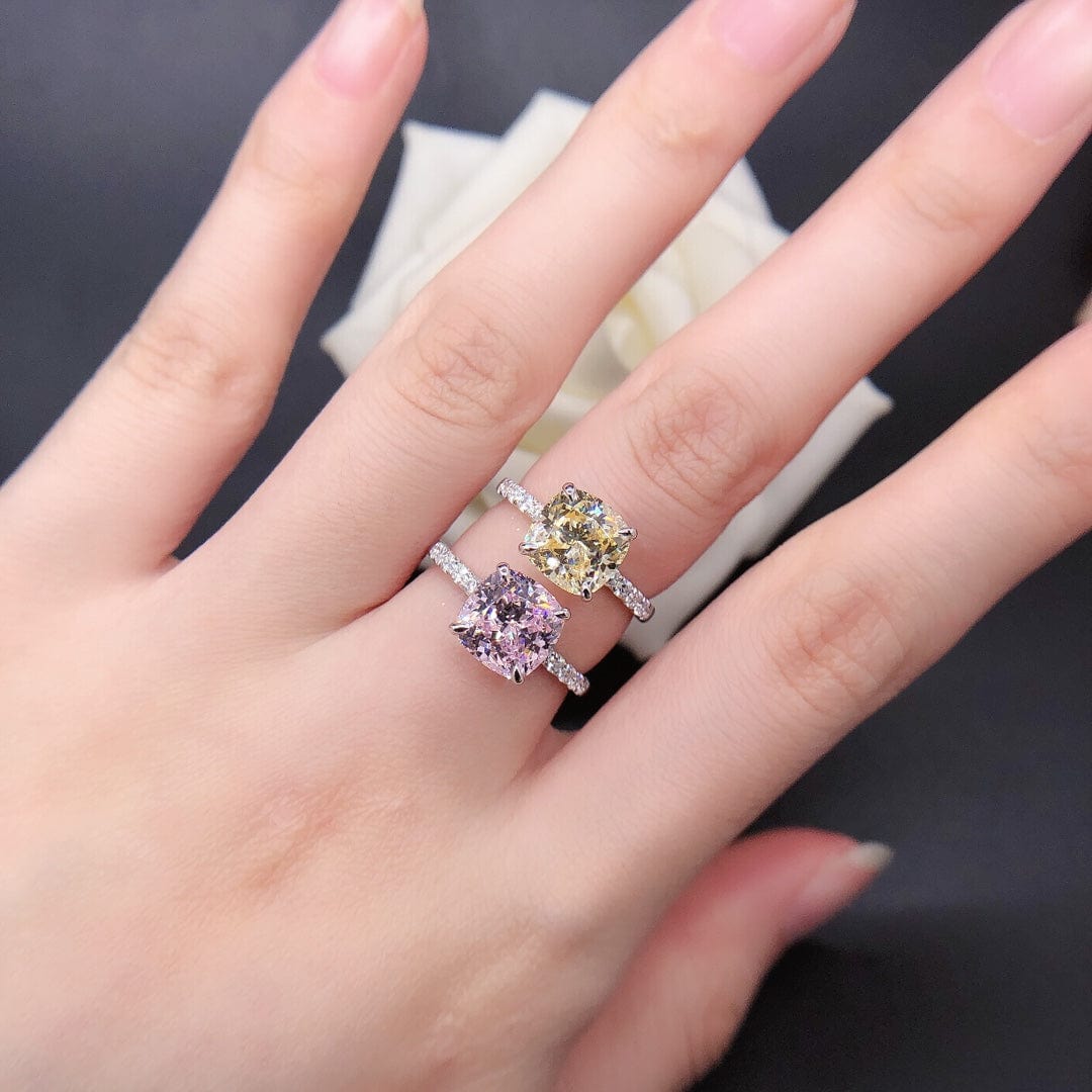 Spruced Roost Pink Candy  14K Vermeil Silver ring cushion cut pink moissanite D color VVS2