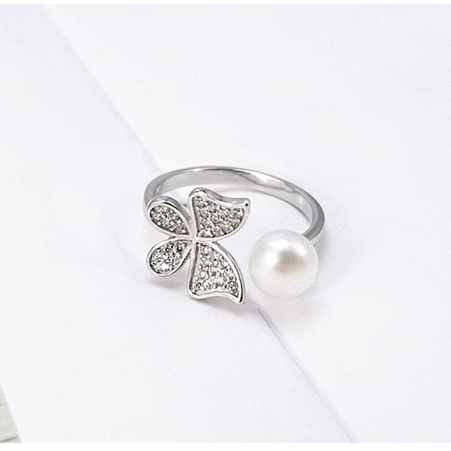 Spruced Roost Ring Resizable / white Sterling Silver Pearl & Butterfly Wrap Ring - 2 Colors