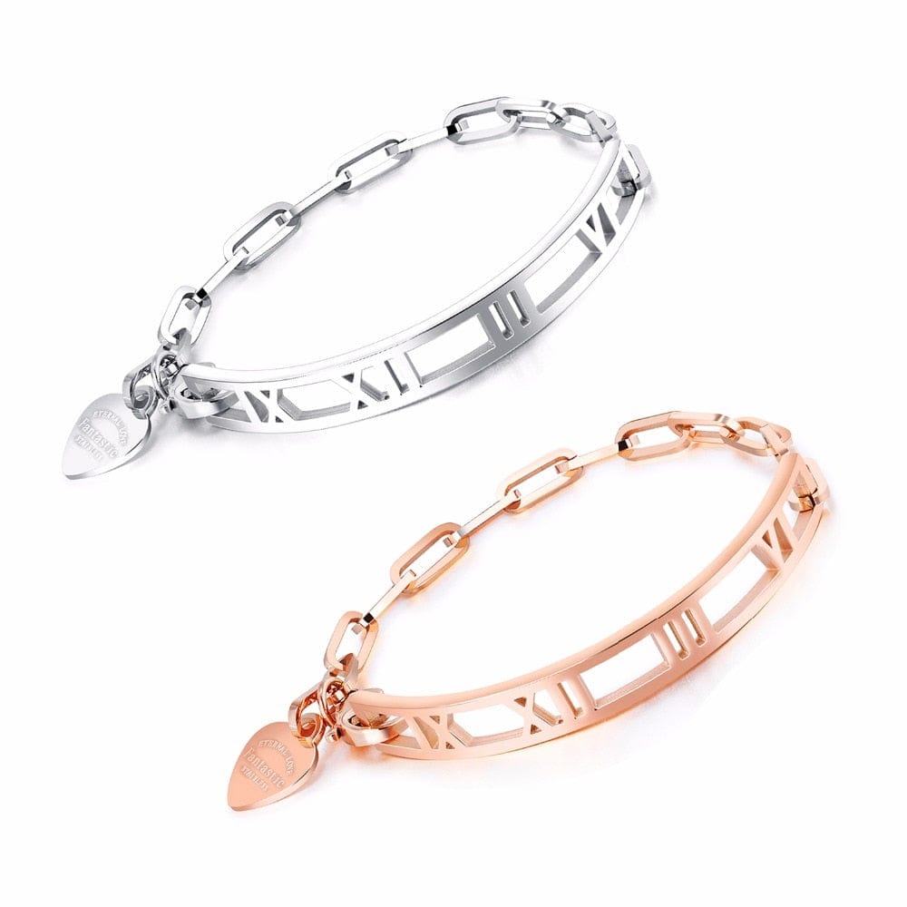 Spruced Roost Roman Number Stainless Steel Bangles Bracelet - Rose Gold or Steel Alloy