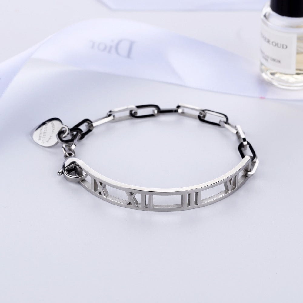 Spruced Roost Roman Number Stainless Steel Bangles Bracelet - Rose Gold or Steel Alloy