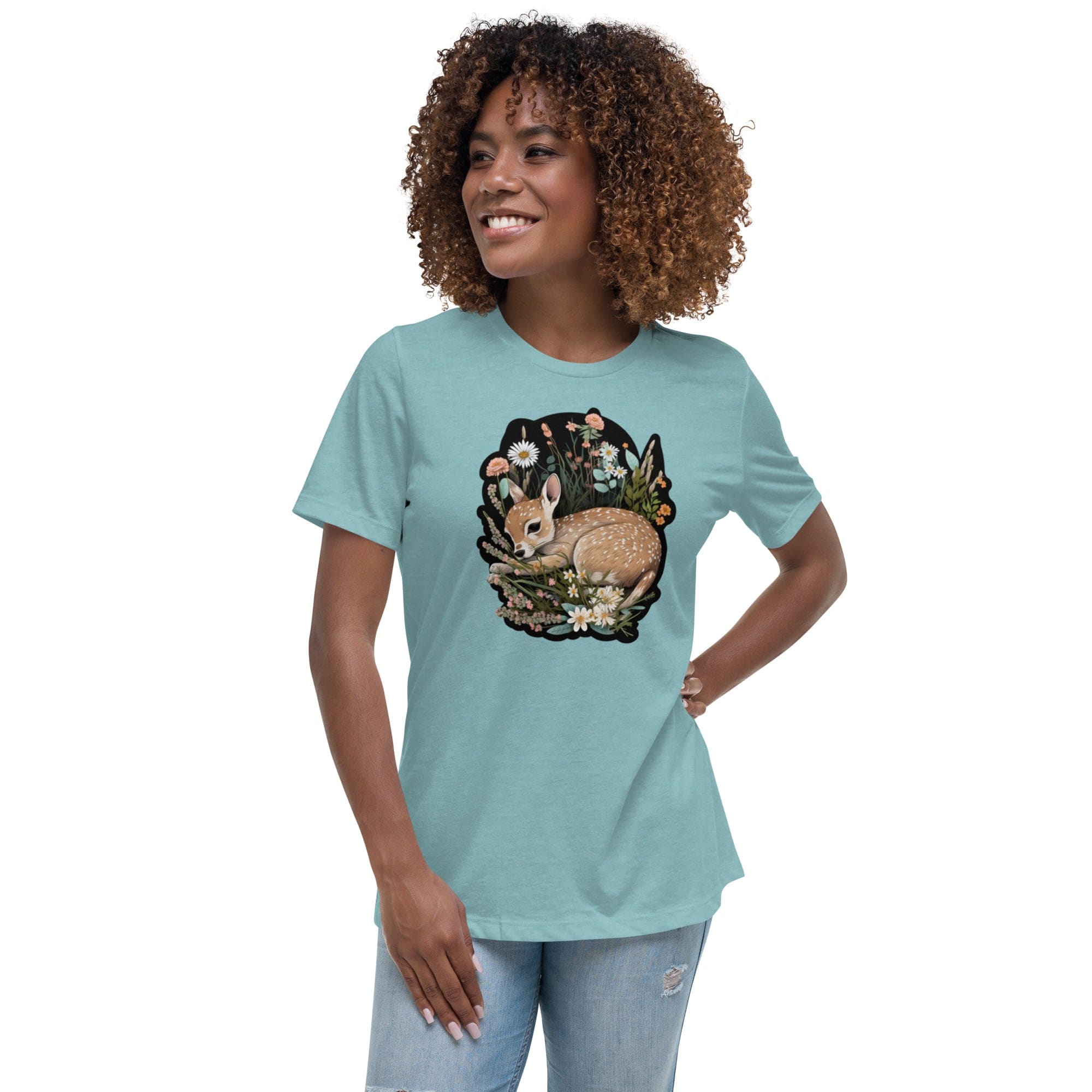 Spruced Roost Heather Blue Lagoon / S Springtime Fawn - Women's Relaxed T-Shirt - 9 Colors