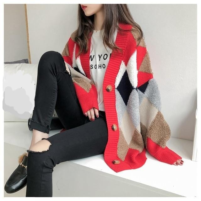 vangull Official Store Sweater Red / One Size Autumn Argyle Casual Cardigan - One Size - 3 Colors