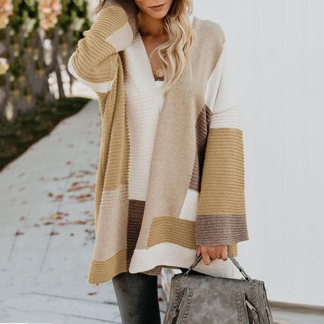 Spruced Roost Sweater Khaki / L Geometric Loose Cardigan Long Sweater - S-XL