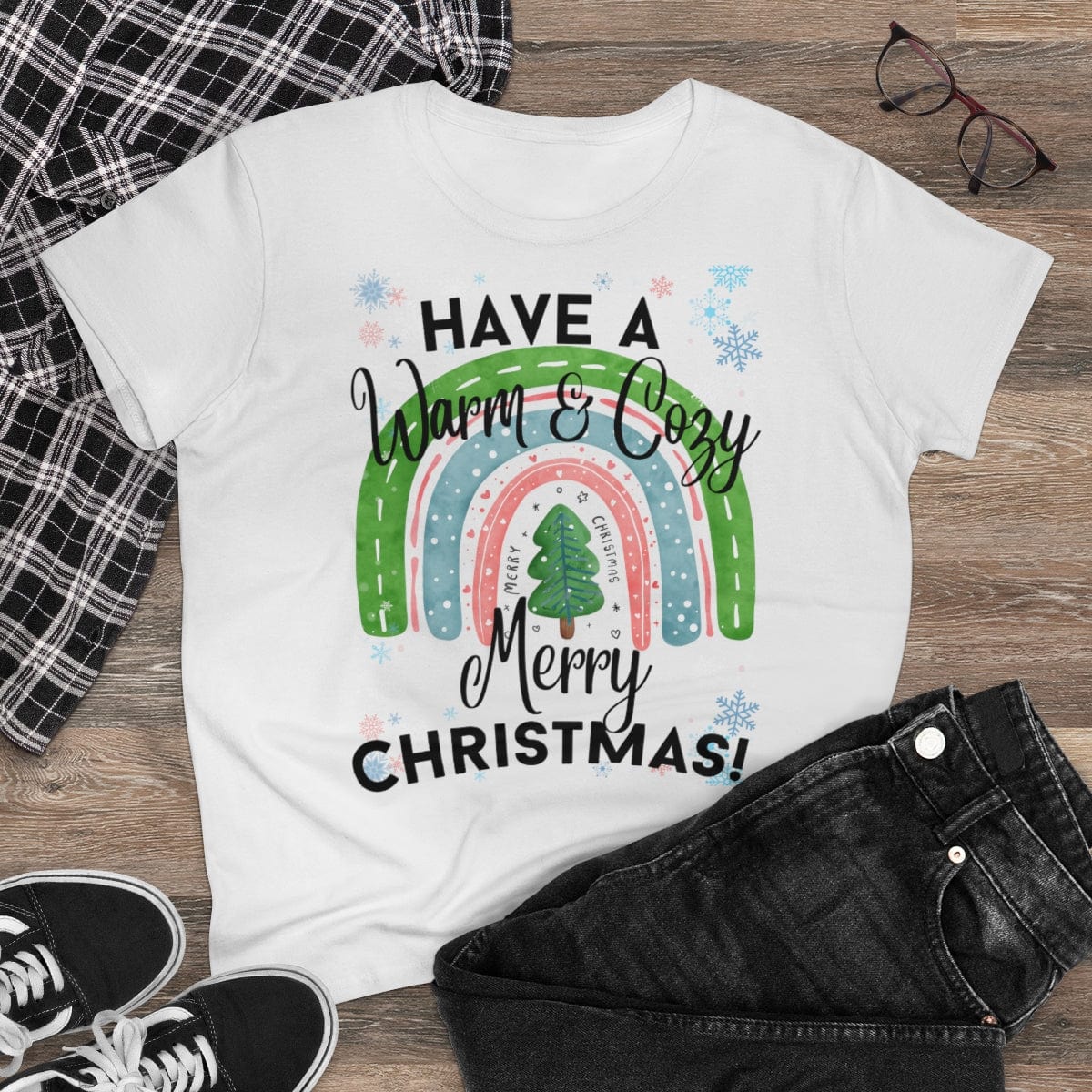 Printify T-Shirt White / S Women's Midweight Cotton Tee *Have a Warm & Cozy Merry Christmas!*